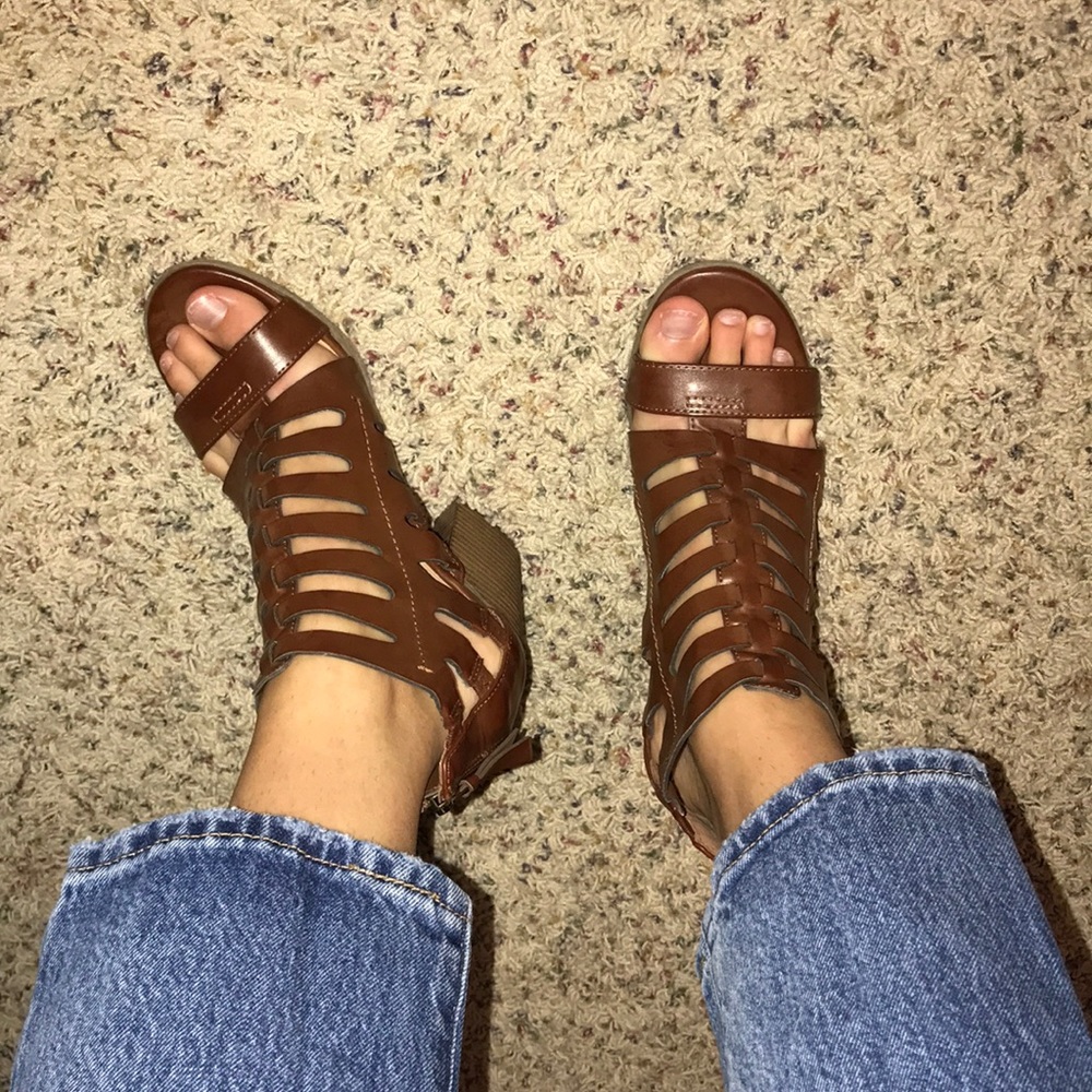 Brown leather strappy heels